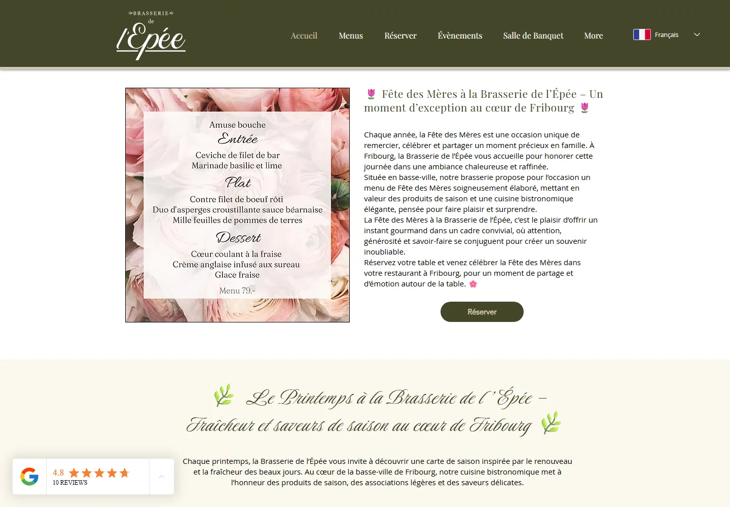 Screenshot of the Brasserie de l'Epee website homepage